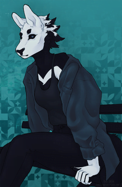 a drawing of Null sitting on a bench in front of an abstract background